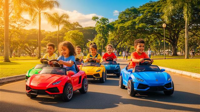 Crianças em carros elétricos infantis Adventure Cars