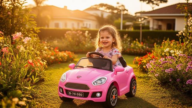 Criança em carro elétrico infantil rosa
