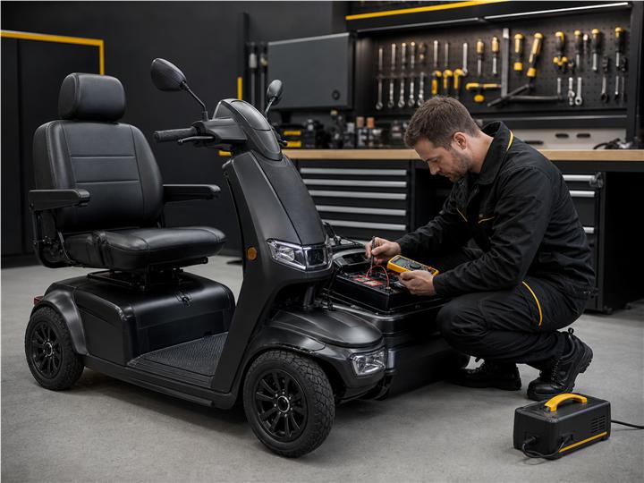 Técnico avaliando a bateria de uma scooter elétrica adulta — Troca de bateria de moto elétrica